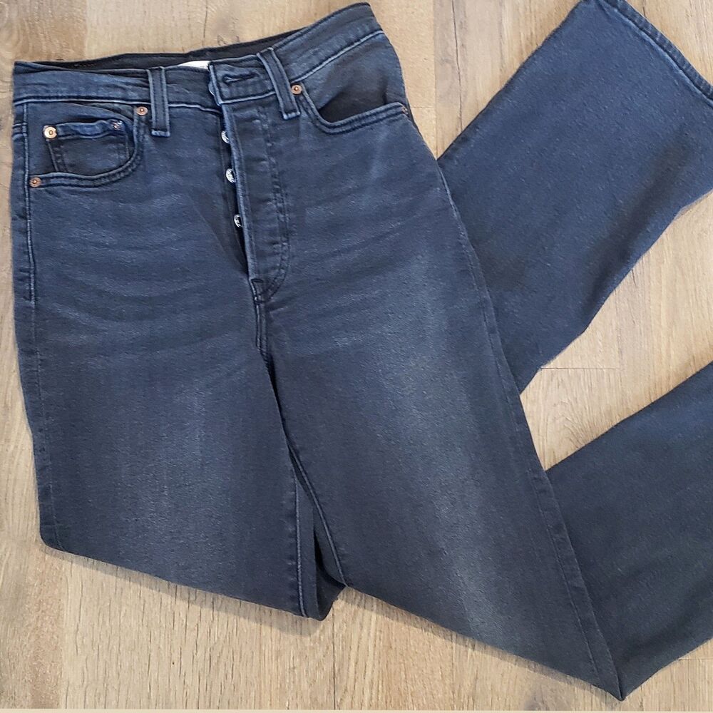 Levi's Ribcage Boot Jeans Women's 27x32 Charcoal Black Grunge Denim Button Fly